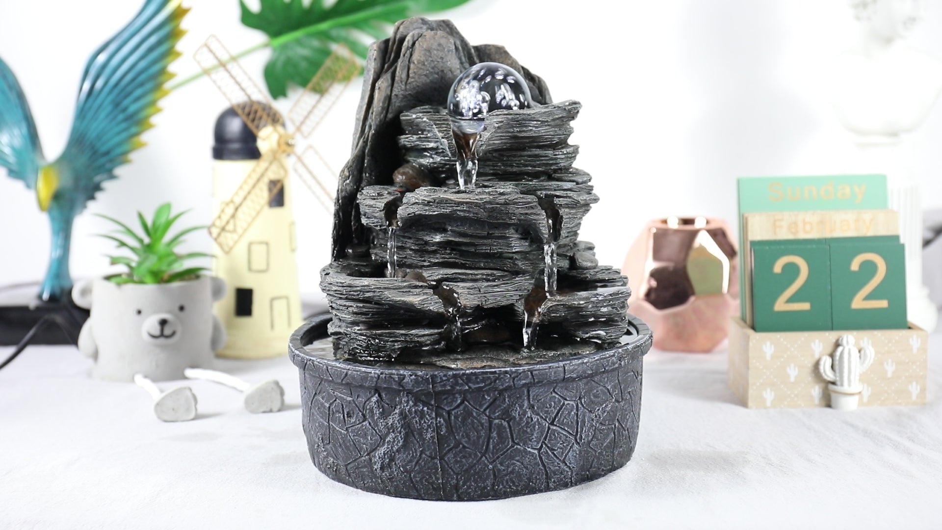 Westin Fountain 4-Tier Rockery Tabletop Fountain Cascading Fountain w/Led Light & Ball